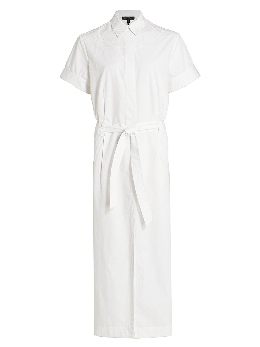 Women's Jade Embroidered Belted Shirt Dress - White - Size Small