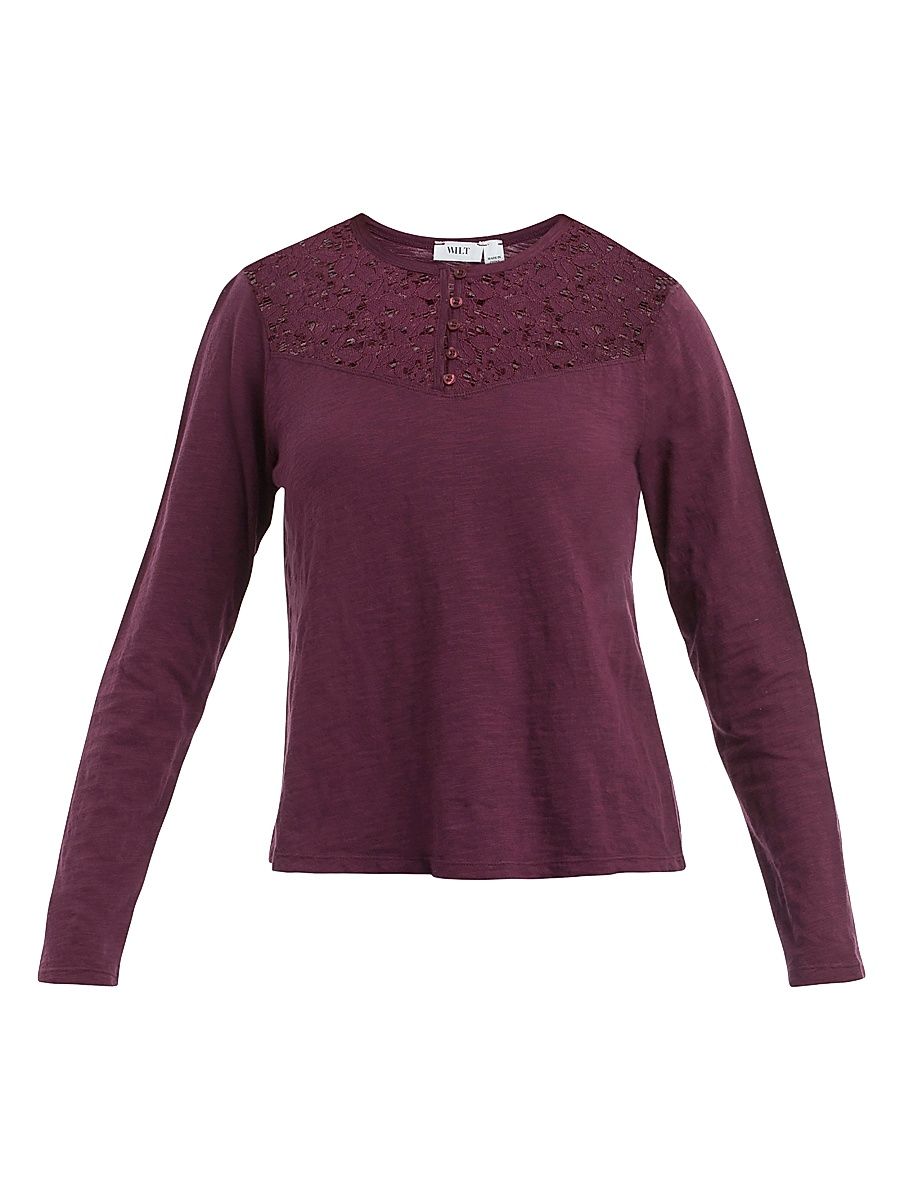 Women's Lace Yoke Henley Tee - Dark Fig - Size Large