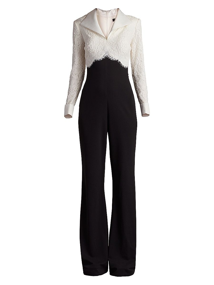 Women's Lace & Crepe Jumpsuit - Ivory Black - Size 10