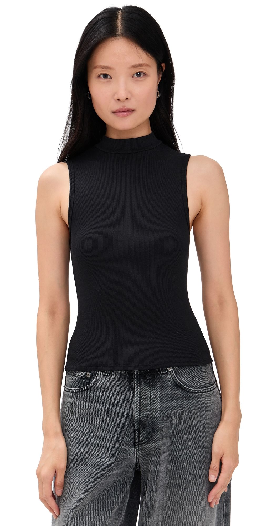 perfectwhitetee Luxe Rib Sleeveless Mock Neck Tank True Black L