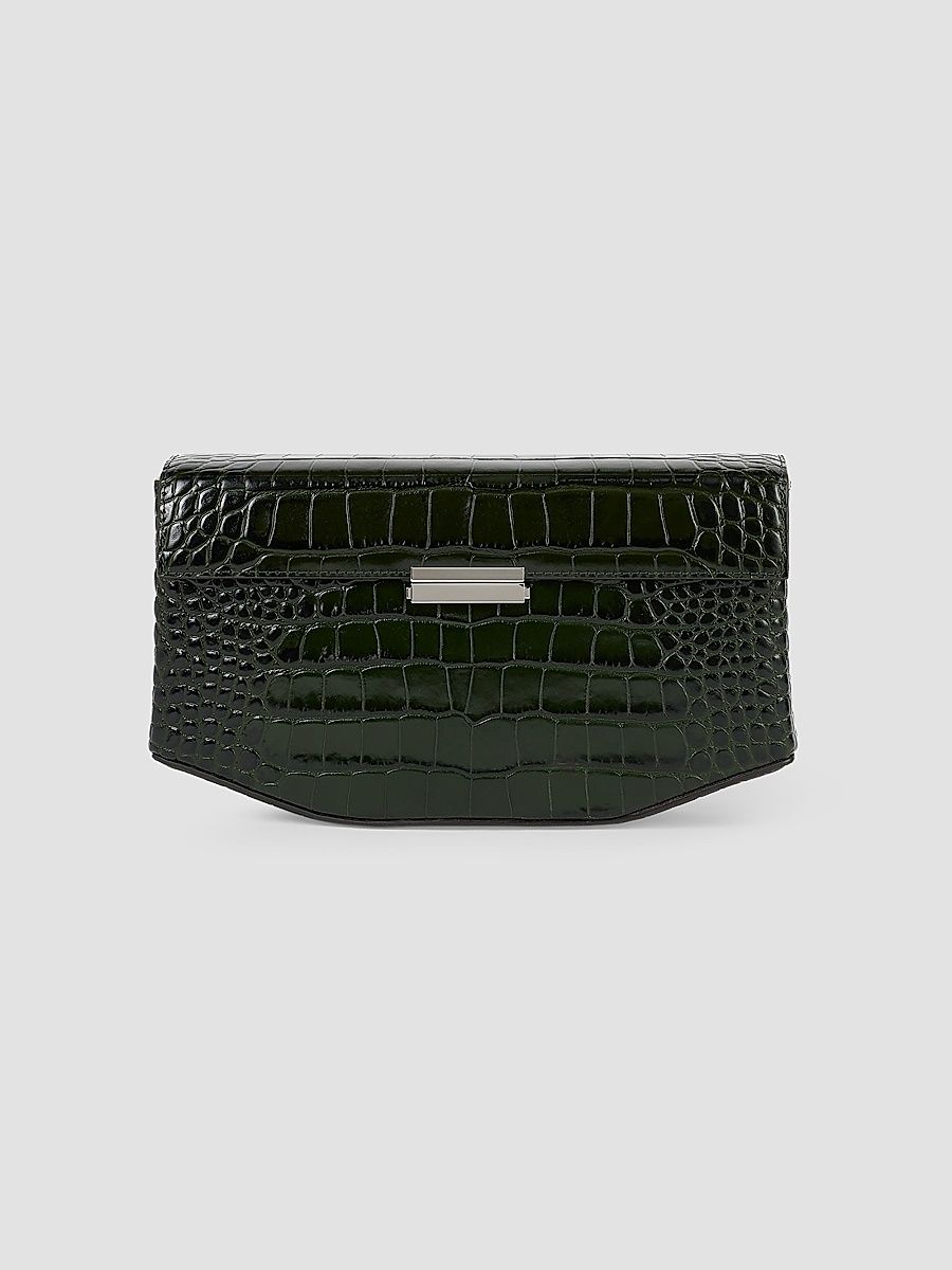Women's Clip Croc-Embossed Leather Shoulder Bag - Dark Green