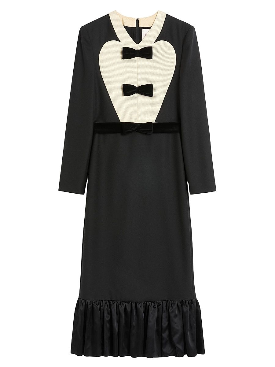 Women's Virgin Wool Midi Dress With Bows - Black Soft Beige - Size 10