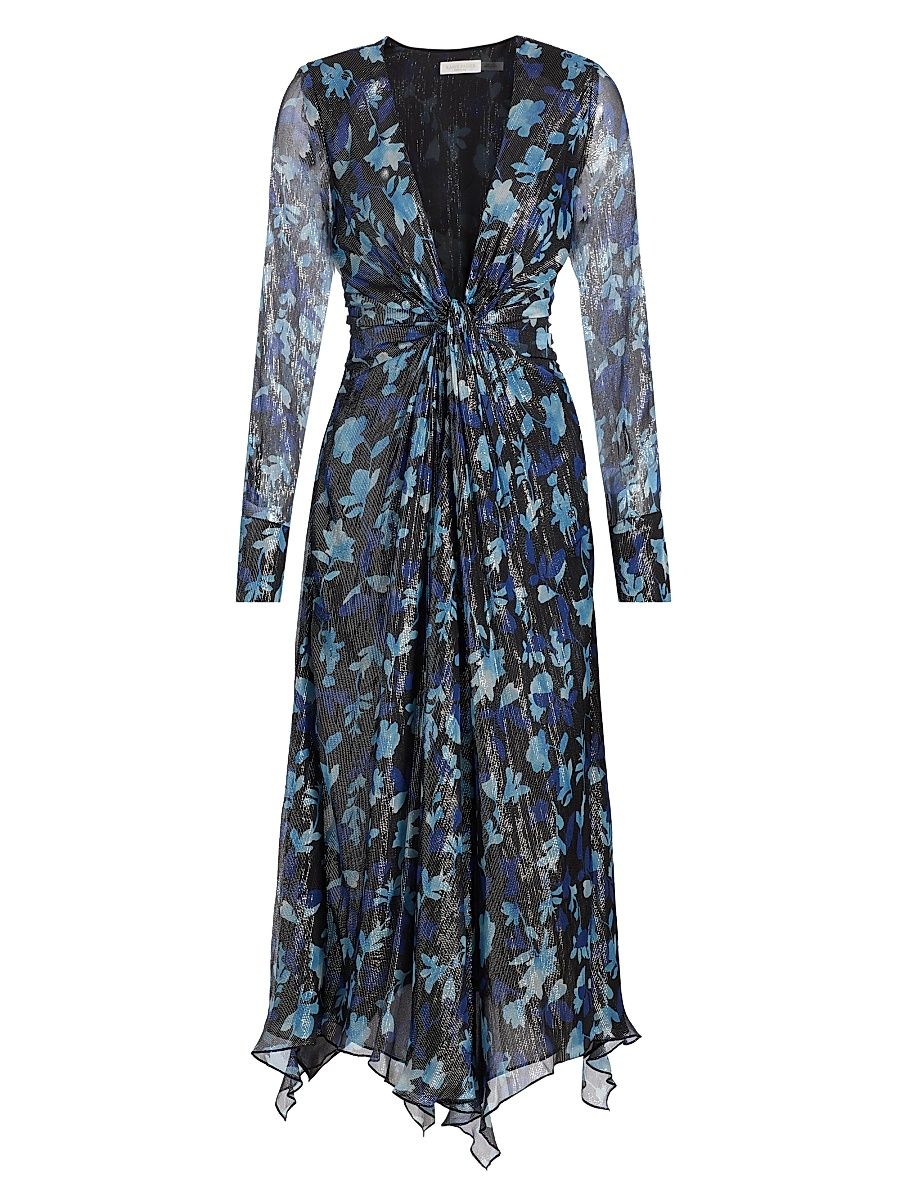 Women's Tatia Floral Metallic Silk Twist Midi-Dress - Dream Blue Twilight - Size 6