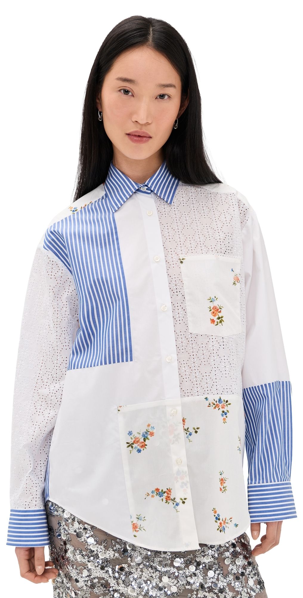 MSGM Patchwork Button Down Shirt Off White Blue 44
