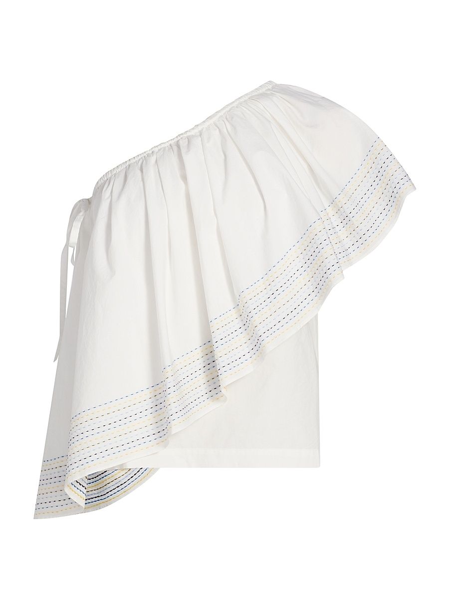 Women's Wedge Trapunto-Stitched Cotton Poplin One-Shoulder Top - White - Size XL