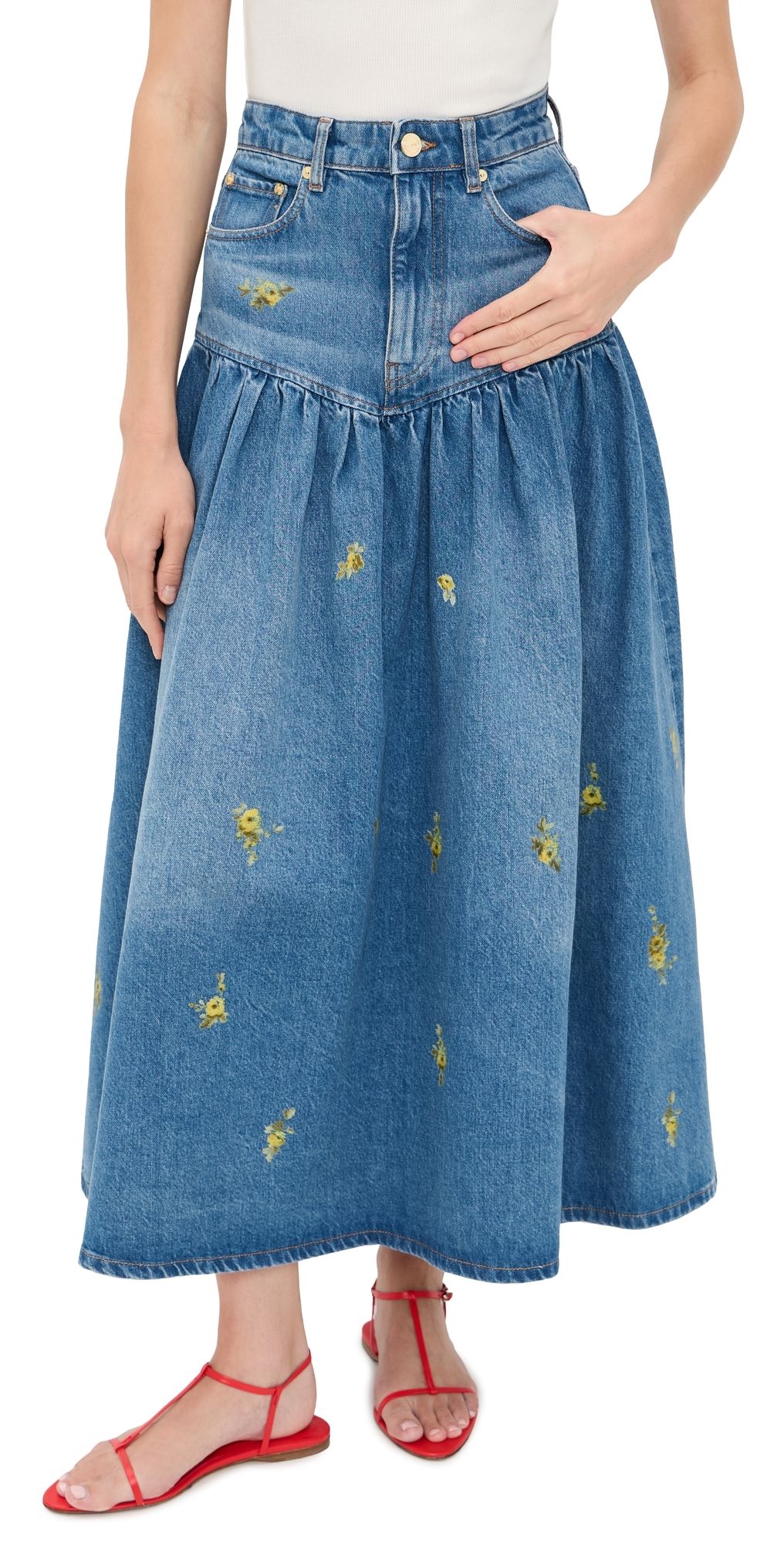 GANNI Printed Flower Denim Long Skirt Light Blue Vintage 40