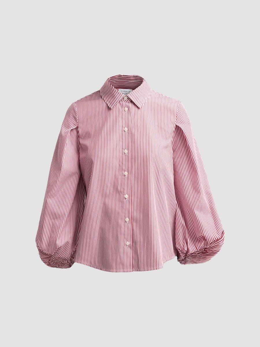 Tanya Taylor Women's Marina Stripe Balloon-Sleeve Button-Front Shirt - Dark Fig Optic White - Size XS