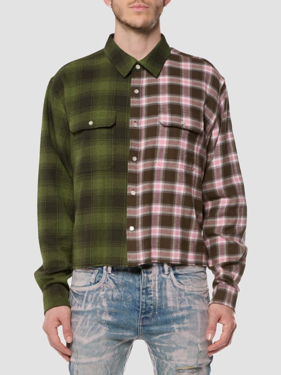 Purple Brand Men's Plaid Spliced Cropped Shirt - Green - Size XXL