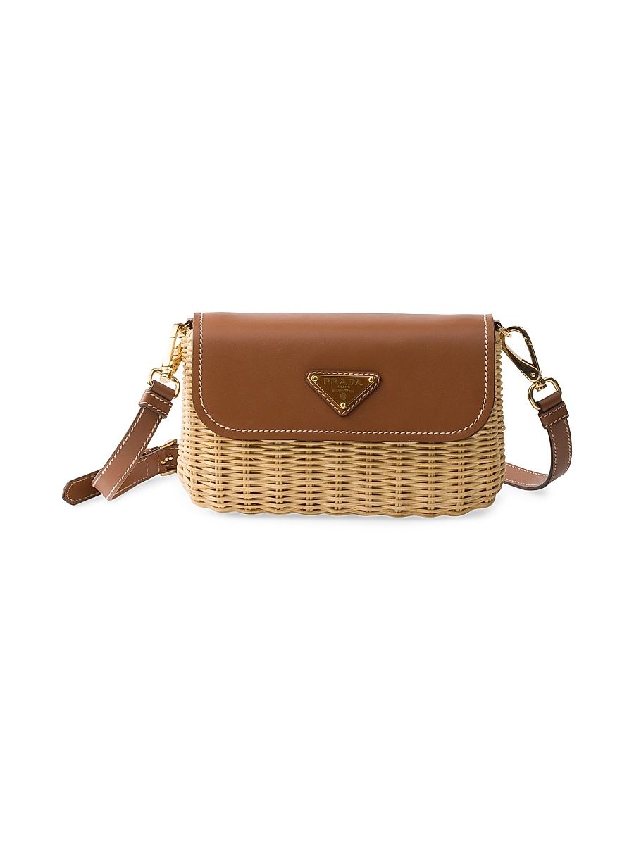 Women's Small Wicker and Leather Shoulder Bag - Beige Khaki