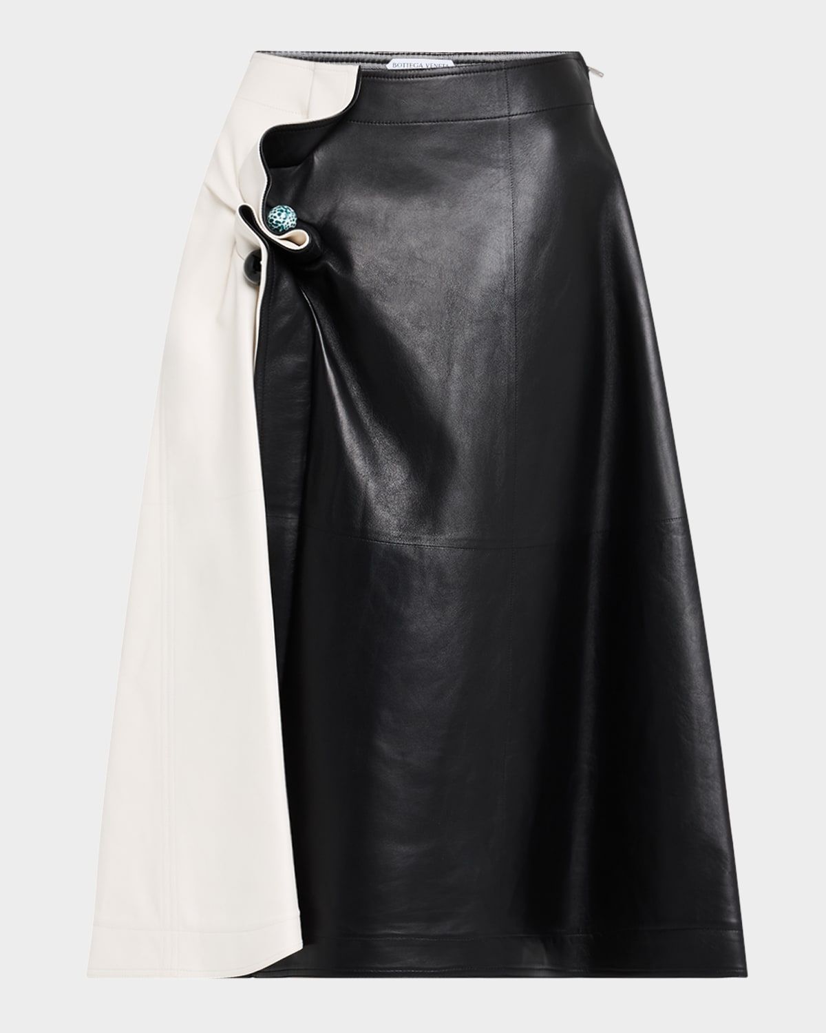 Colorblock Leather Gathered Midi Skirt