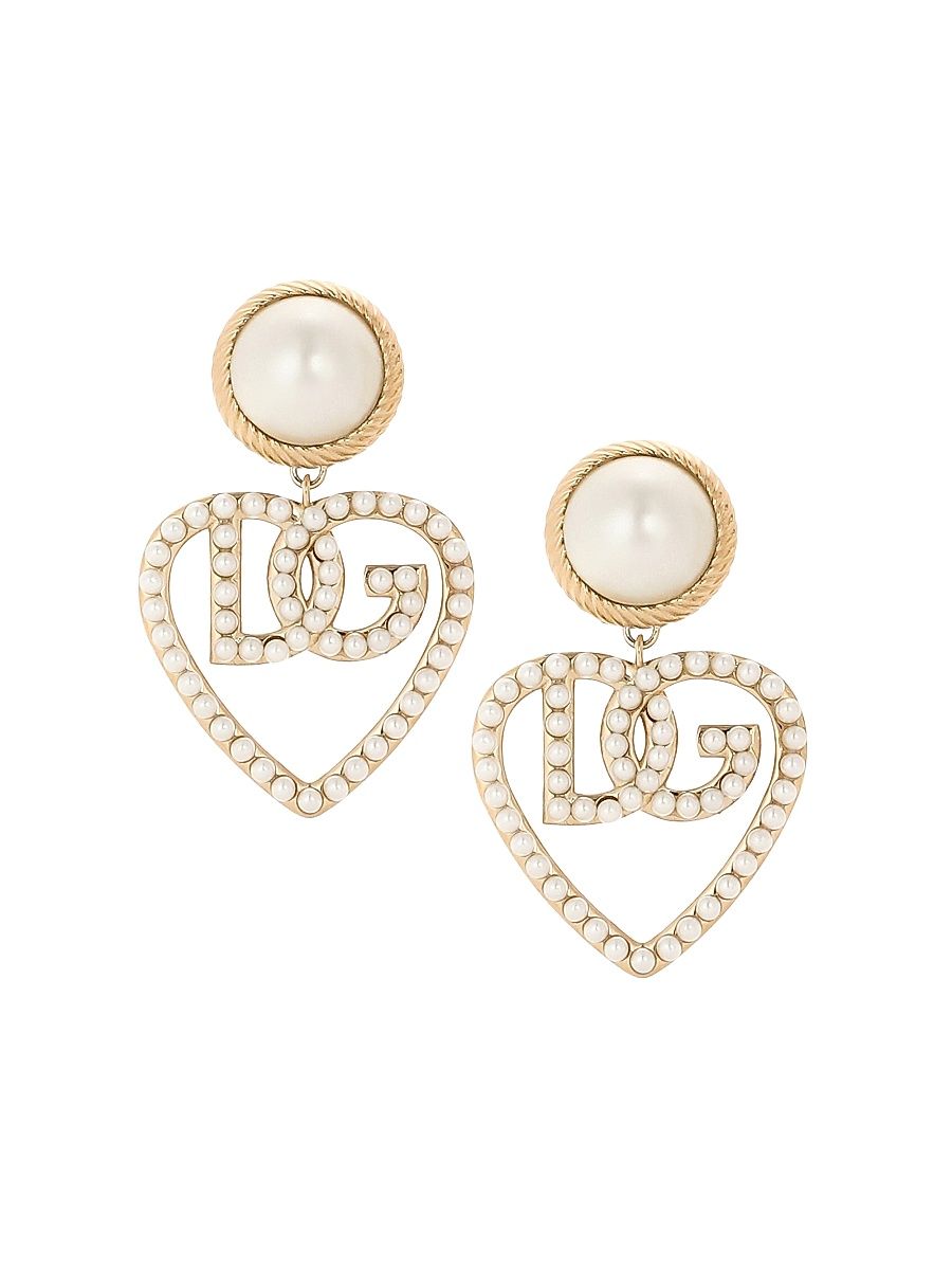 Women's Goldtone & Imitation Pearl Monogram Heart Drop Earrings - Yellow Gold