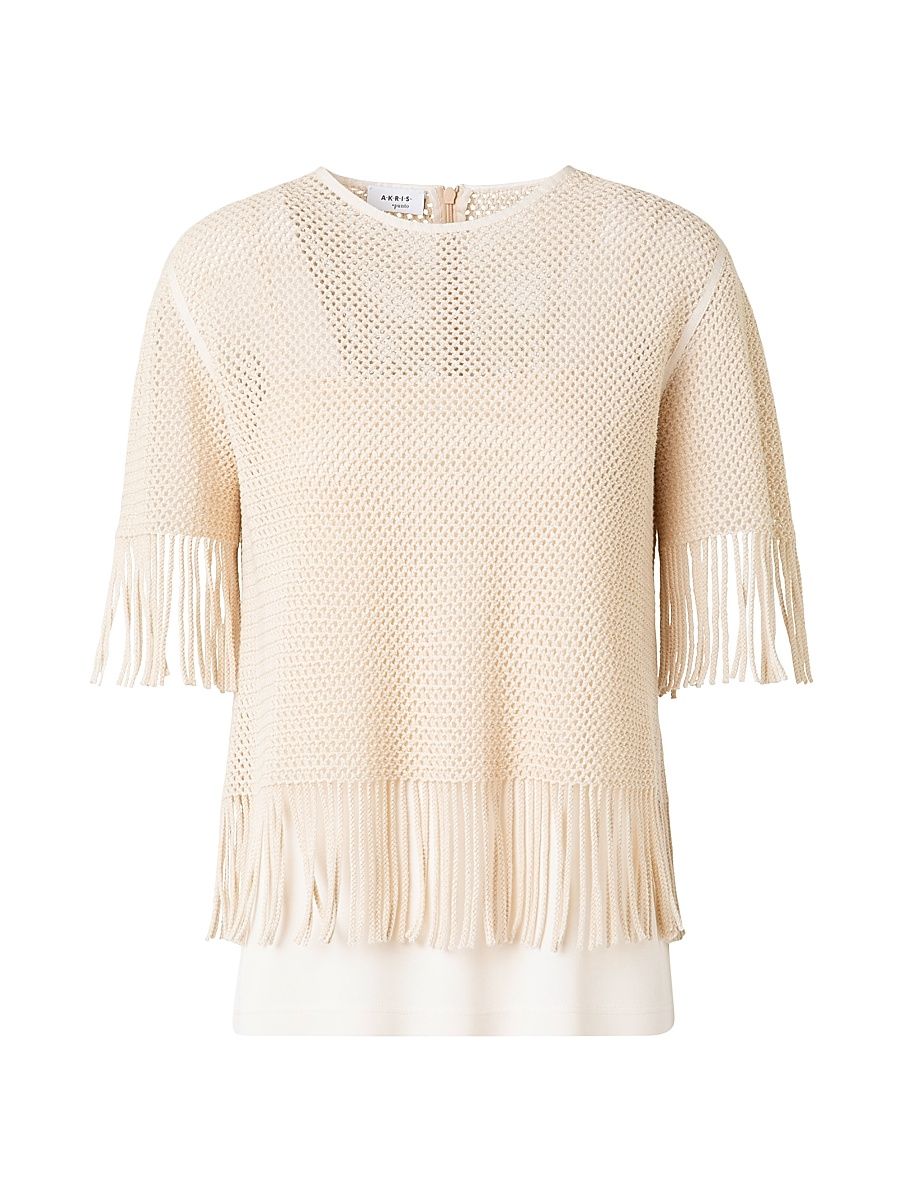 Women's Fringed Cotton-Blend Mesh Blouse - Cashew - Size 14