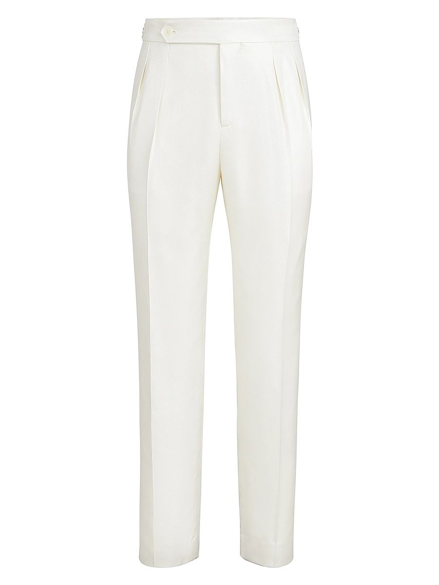 Men's Silk Diagonal Tuxedo Trousers with Double Pleats - Off White - Size 38