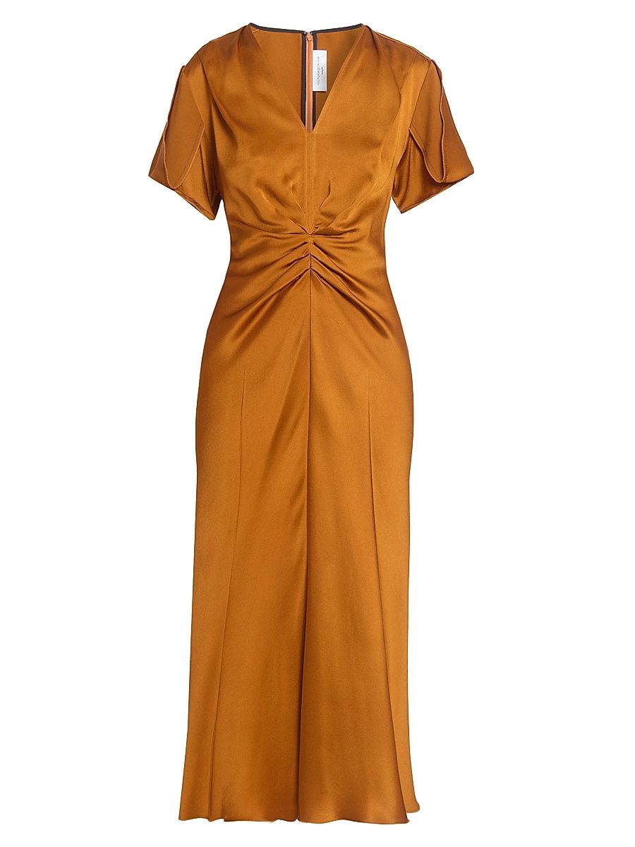 Women's Gathered V-Neck Midi-Dress - Bronze - Size 0