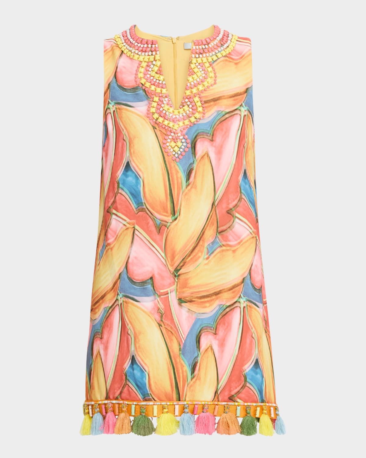 Beaded Tassel-Trim Sleeveless Mini Dress