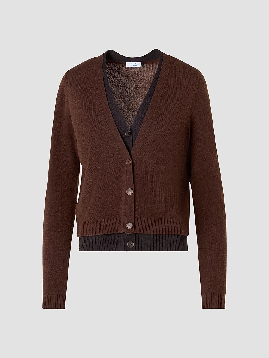 Women's Wool-Cashmere V-Neck Cardigan - Caramel Espresso - Size 16