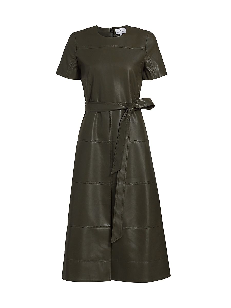 Women's Ella Faux Leather Belted Midi-Dress - Deep Army - Size 12