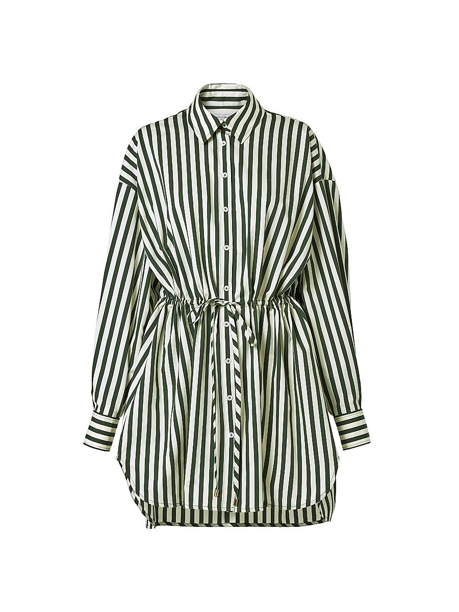 Women's Striped Long-Sleeve Mini Shirtdress - Ivory Racing Green - Size 12