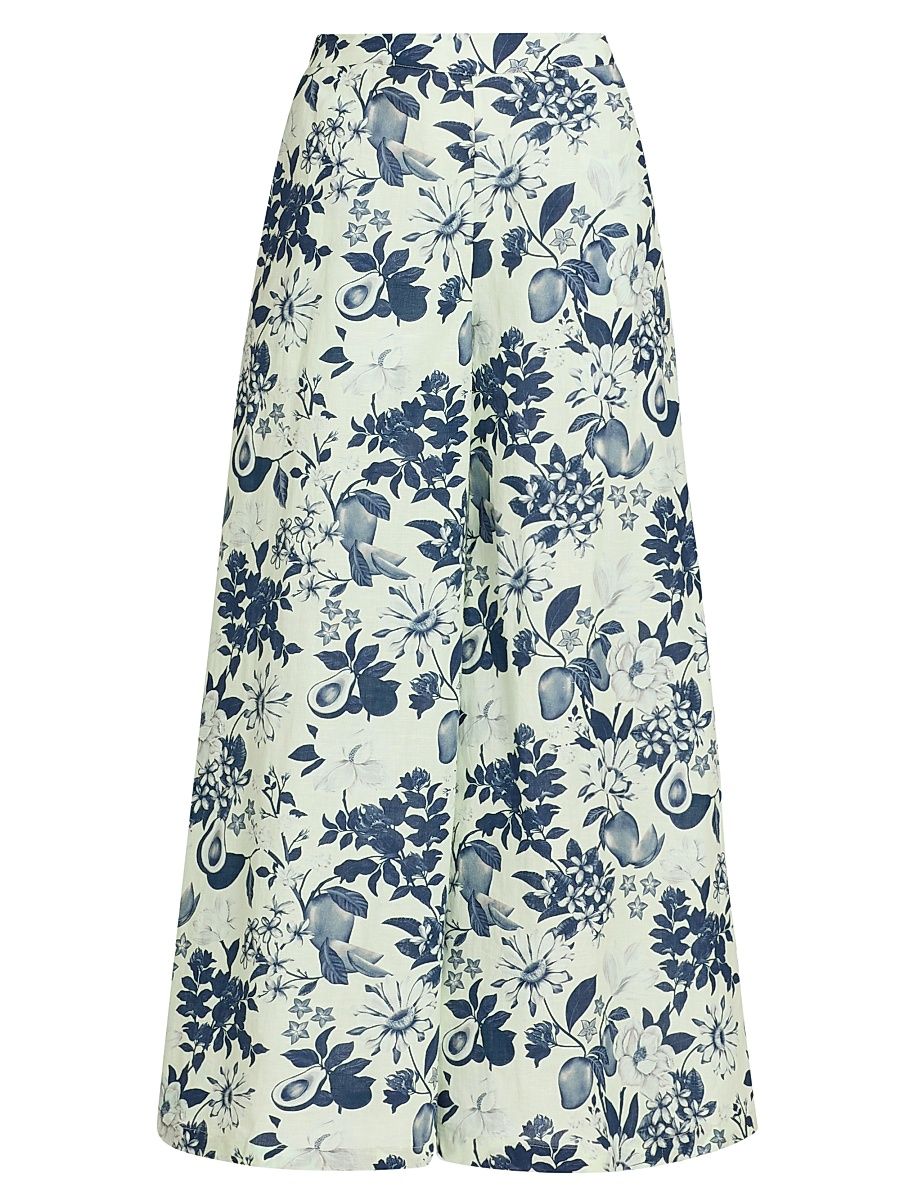 Women's Pushpanjali Floral Linen-Cotton Flare Pants - Ivory And Navy Multi Motif - Size Large