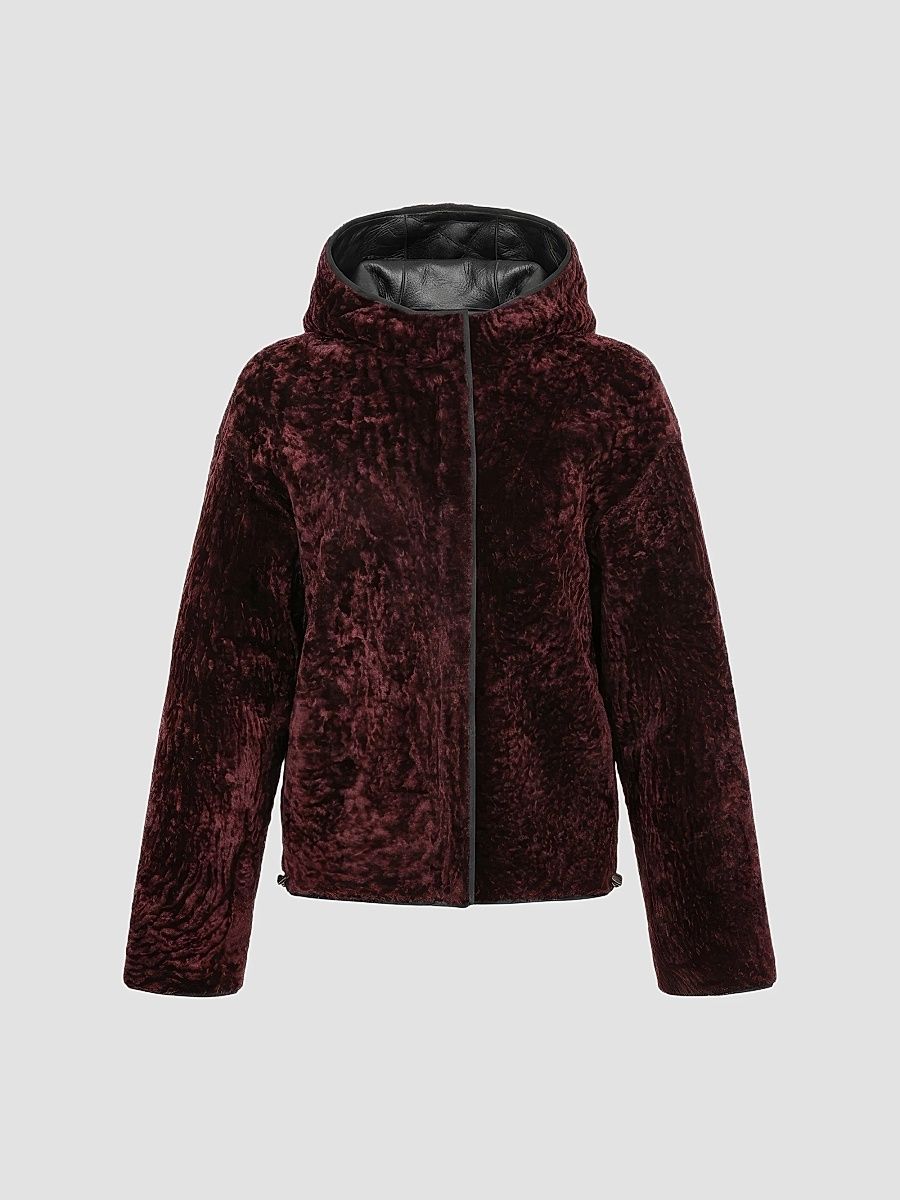 Gorski Women's Textured Shearling Lamb Jacket, Hood - Burgundy - Size XL