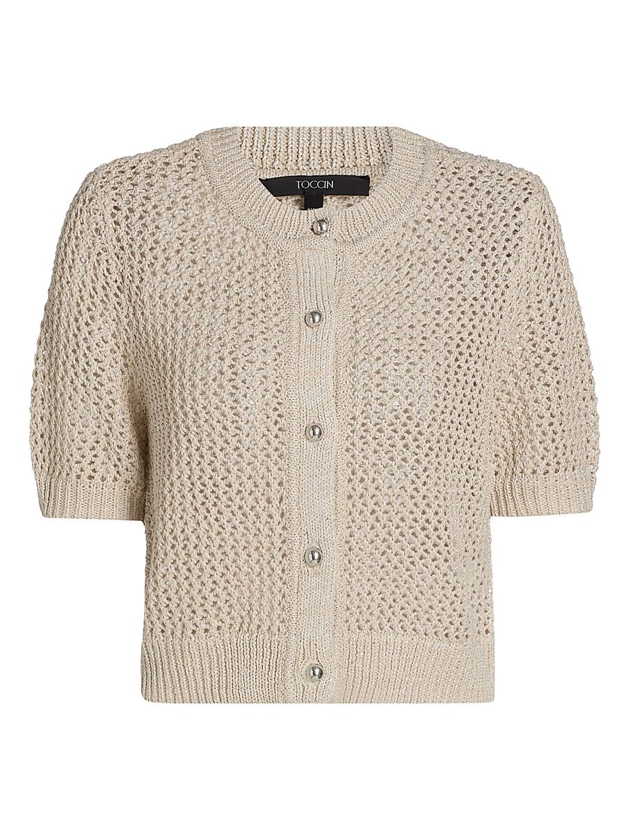 Women's Janice Sequin Crochet Short-Sleeve Cardigan - Pebble - Size XL