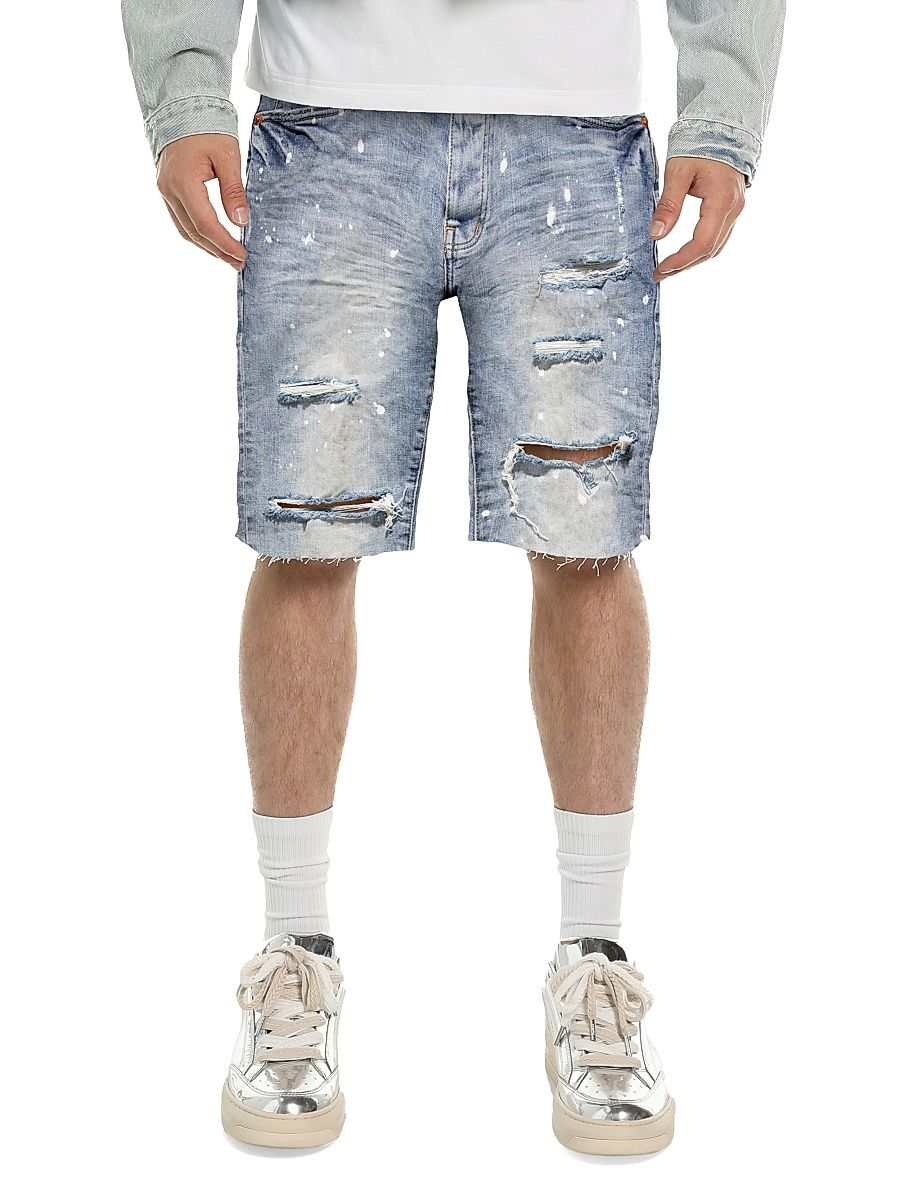 Men's Painterly Distressed Denim Wide-Leg Shorts - Light Indigo - Size 29