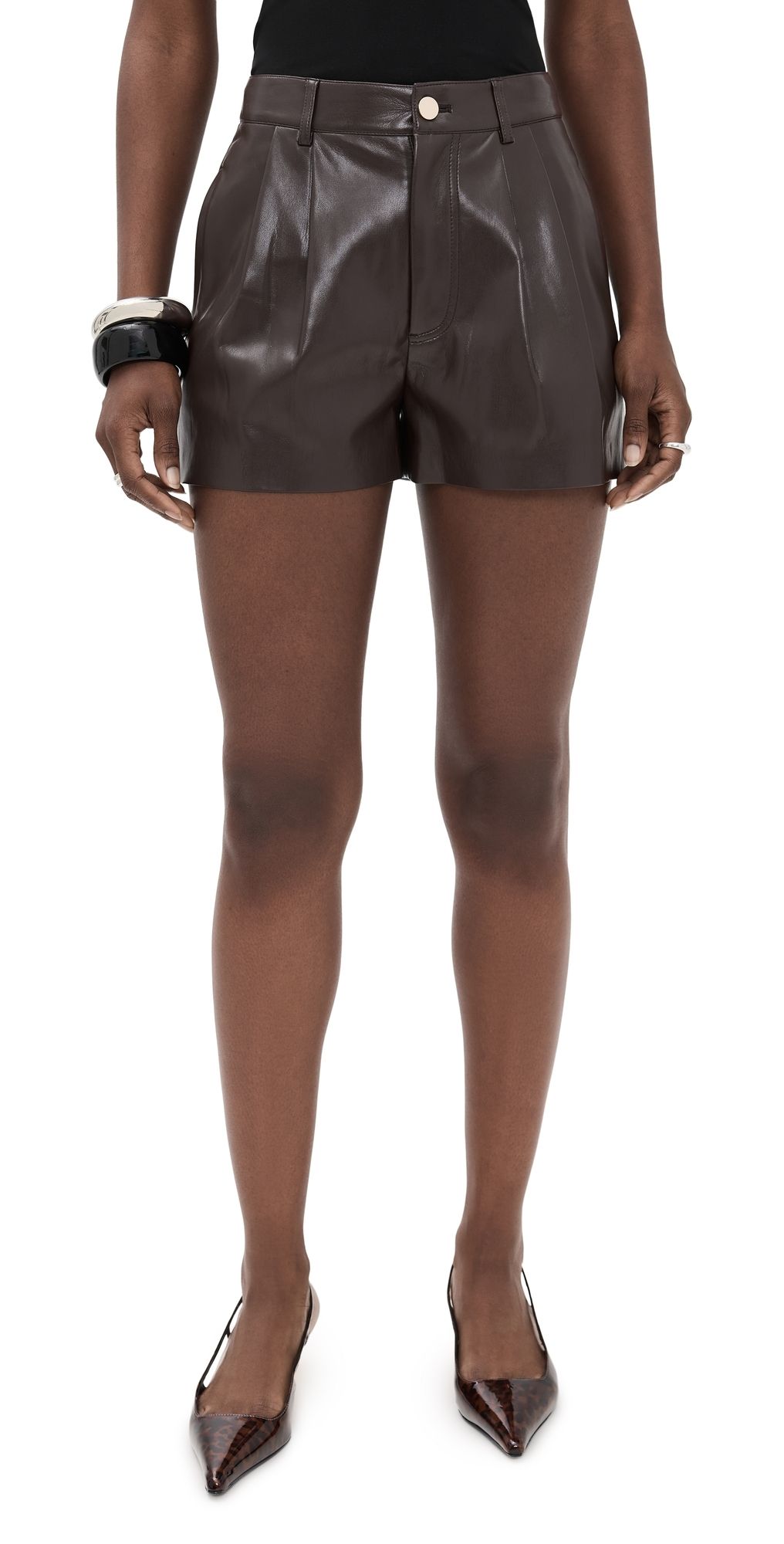 ALICE + OLIVIA Conry Faux Leather Pleated Shorts Dark Chocolate 6