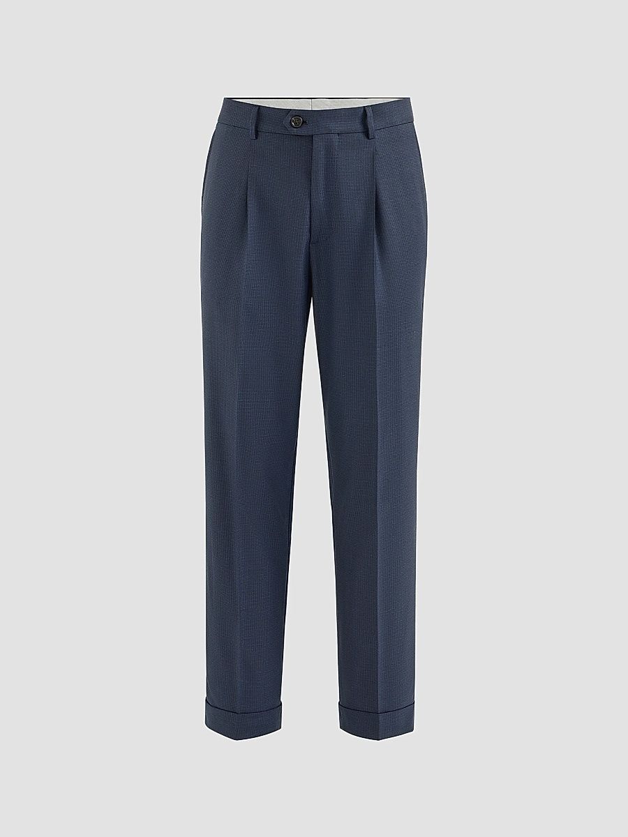 Brunello Cucinelli Men's Virgin Wool Houndstooth Trousers with Pleats - Navy Blue - Size 40