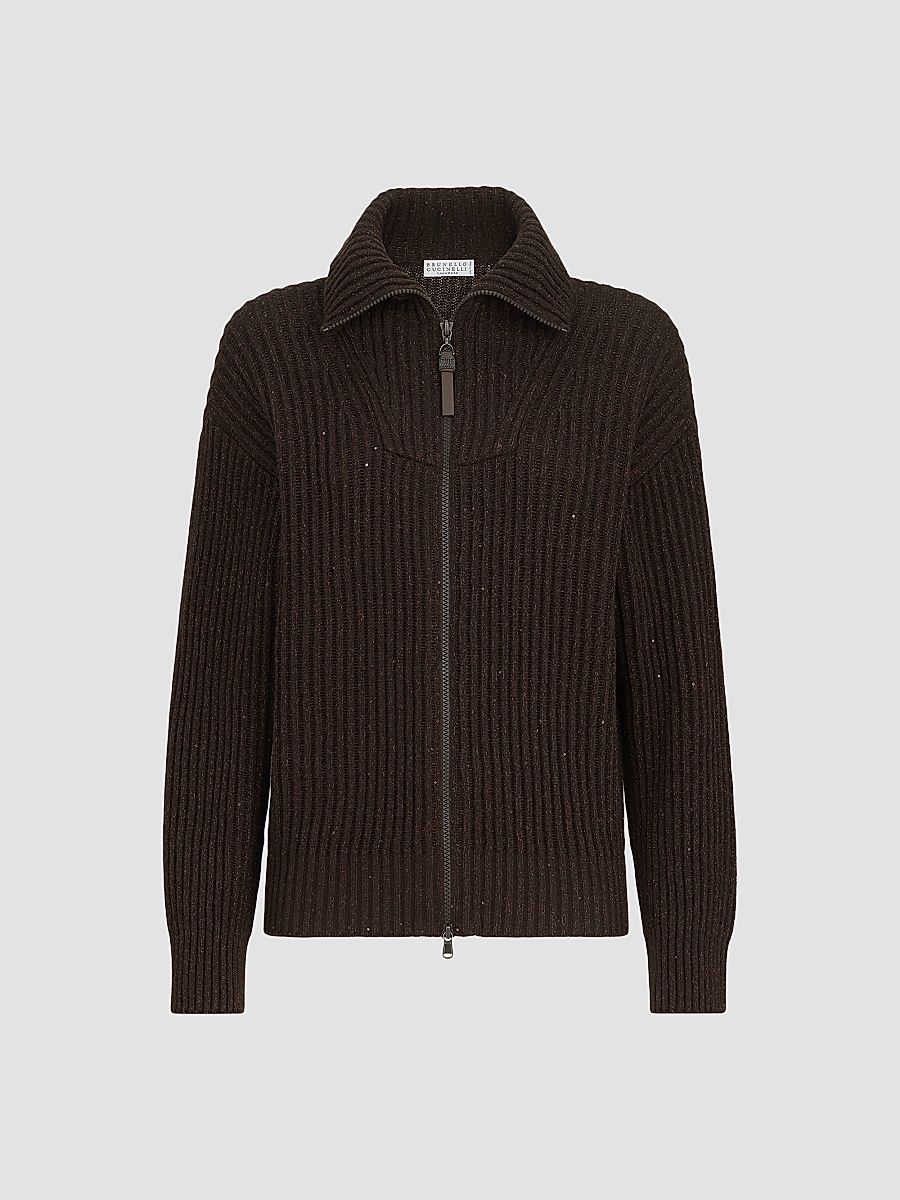 Women's Cashmere and Wool Ribbed Cardigan with Shiny Zipper Pull - Coffee - Size Medium