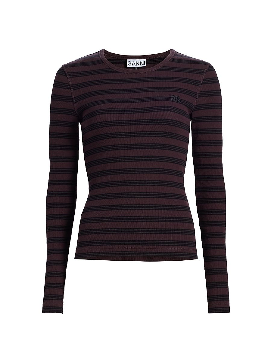 Women's Striped Stretch-Cotton Long-Sleeve Top - Chocolate Plum - Size XXS