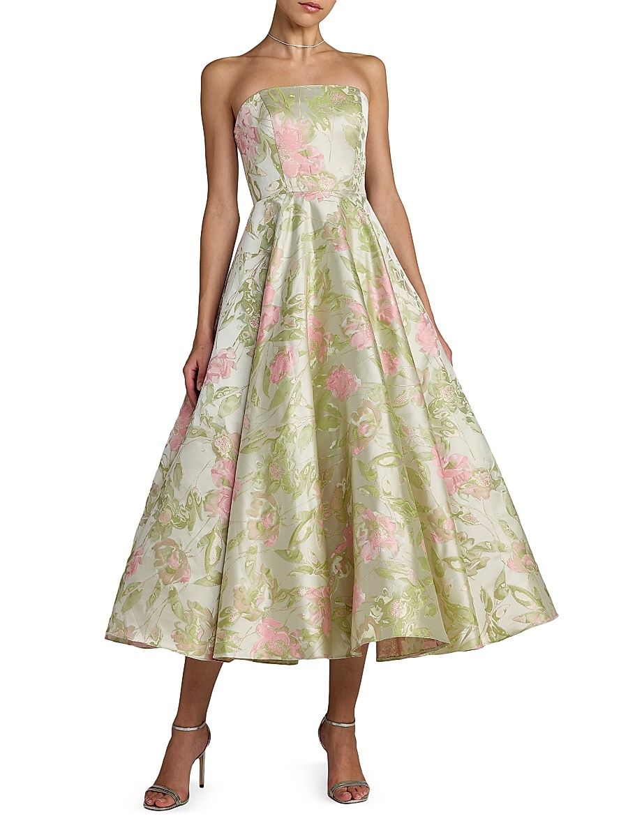 Women's Floral Brocade Strapless A-Line Cocktail Dress - Sage Multi - Size 14