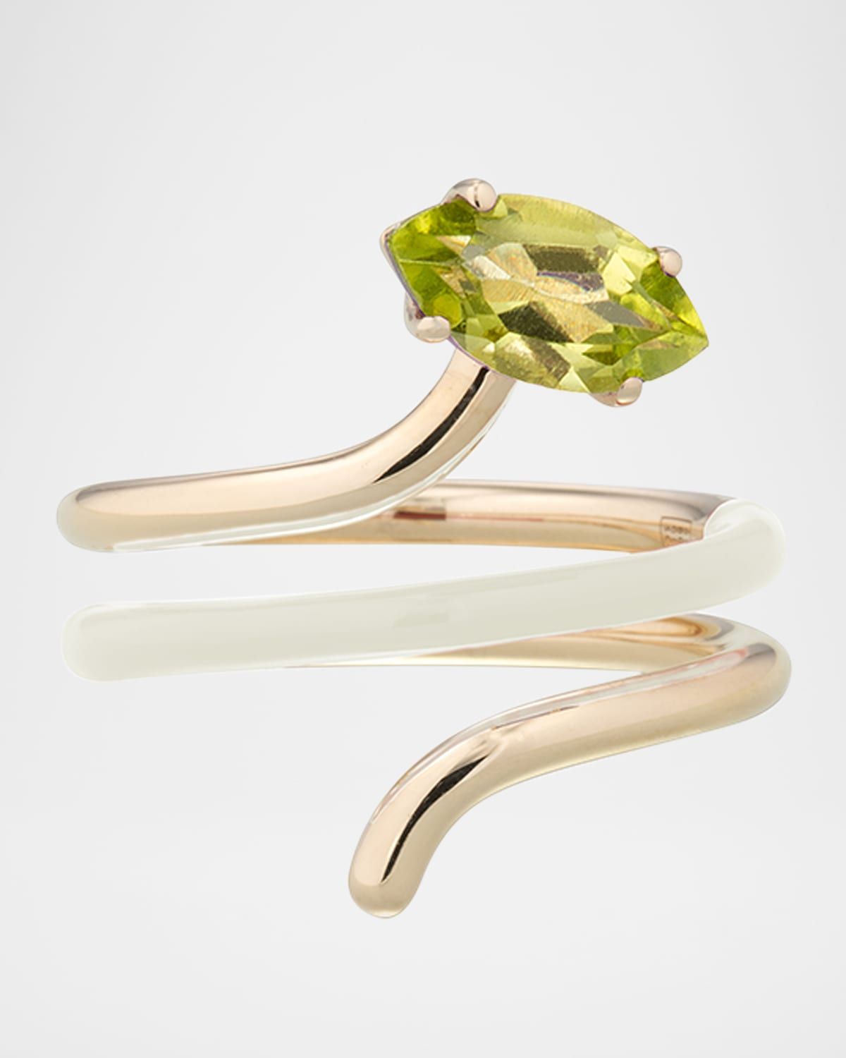 9K Yellow Gold and White Enamel Peridot Long Vine Statement Ring