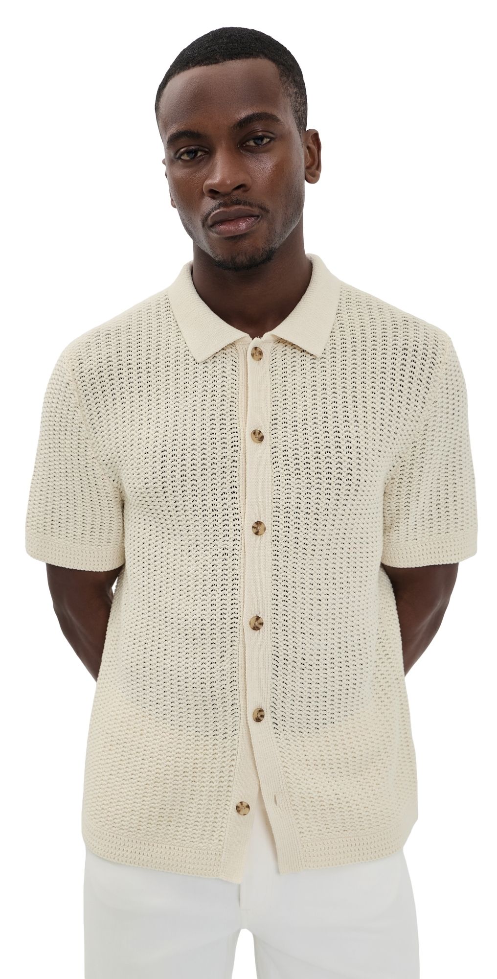 Vince Crochet Short Sleeve Button Down Shirt Bone XXL