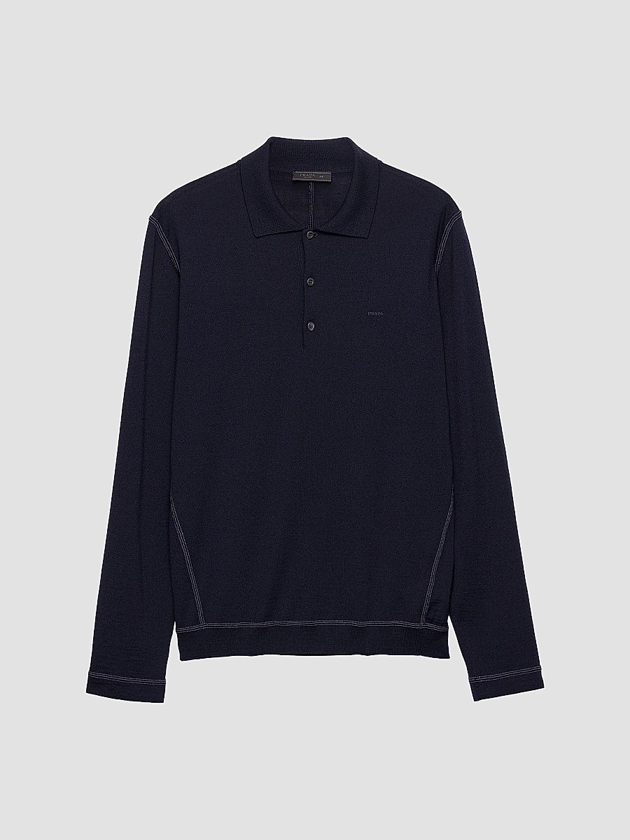 Men's Long-Sleeved Wool Polo Sweater - Blue - Size 38