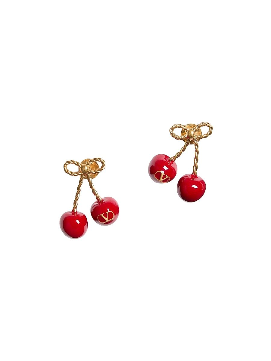Women's Chez Logo Metal and Enamel Earrings - Antique Brass Red