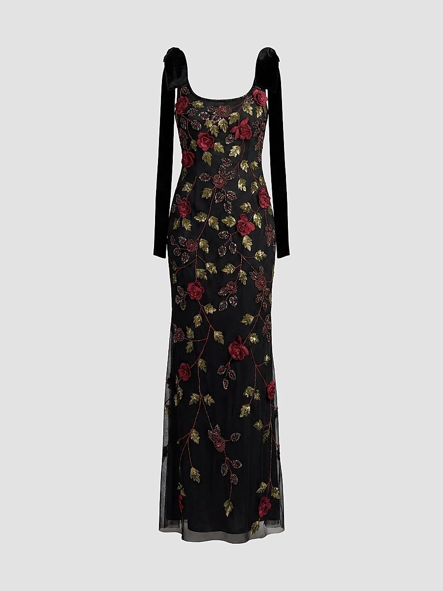 Women's Floral Embroidered Bow-Shoulder Gown - Black Red - Size 2