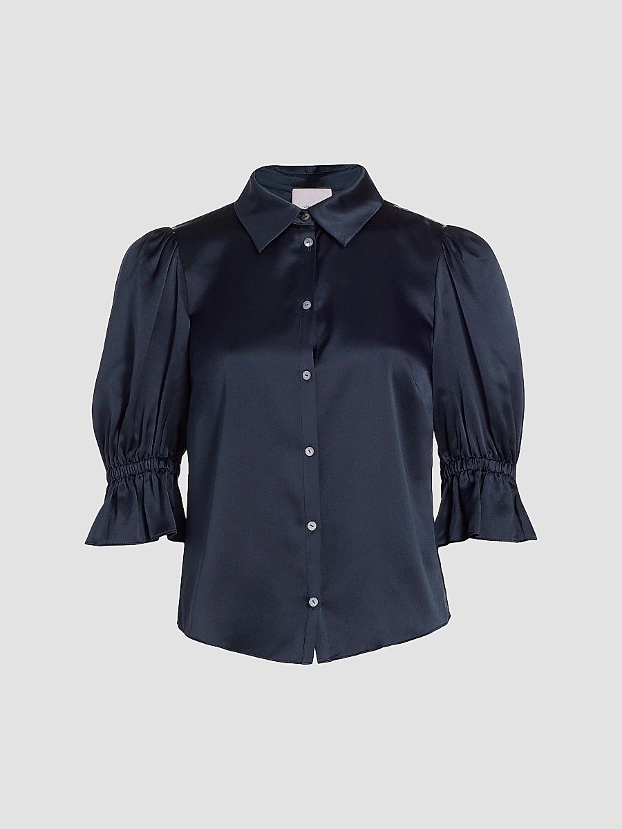 Women's Fiona Silk Puff-Sleeve Blouse - Navy - Size XL