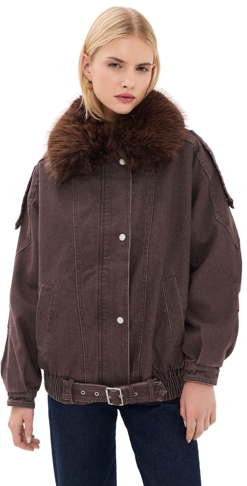 Avec Les Filles Combo Collar Belted Hem Bomber Brown L