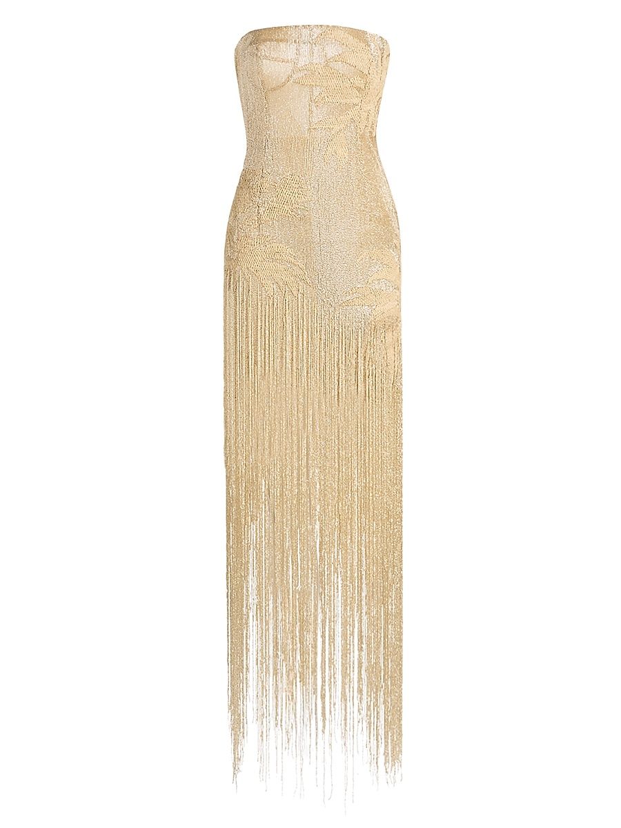 Women's Embellished Palm Raffia Fringe Strapless Gown - Beige - Size 6
