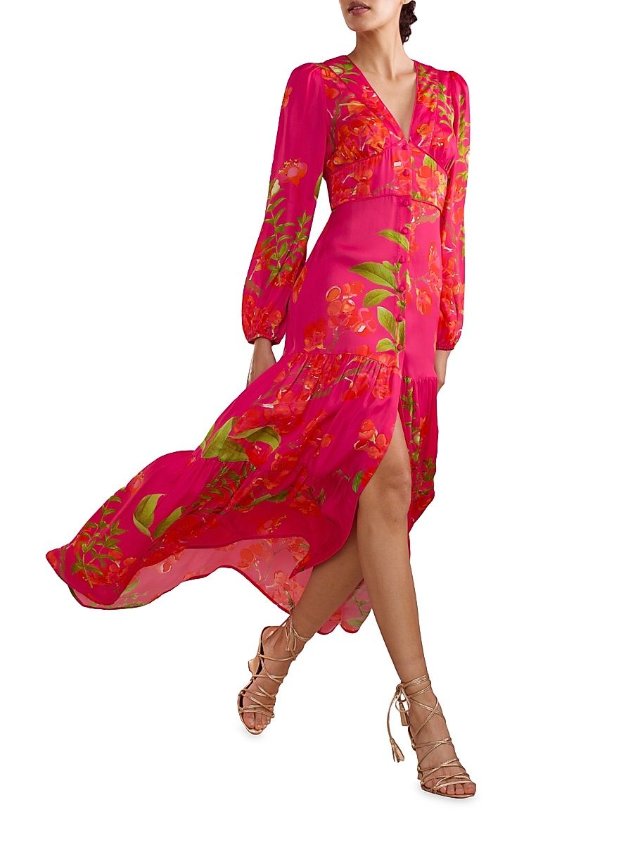 Women's Floral Print Button-Up Maxi Dress - Pink Red Cherry Blossom - Size 6
