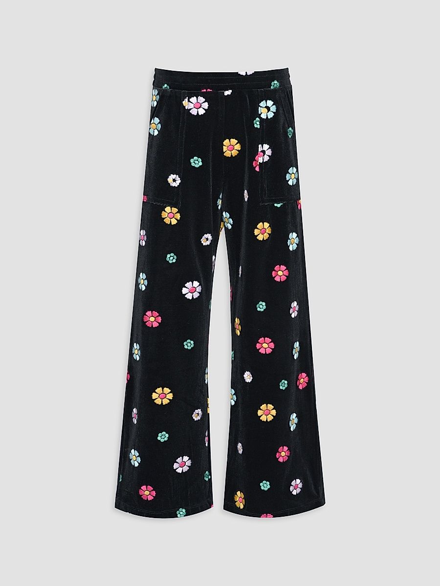 Girl's Little Girl's & Girl's Floral-Embroidered Velour Wide-Leg Pants - Black - Size 14