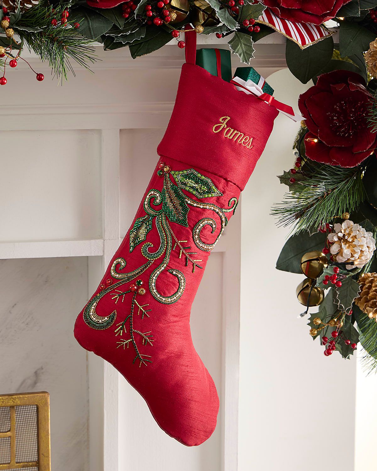Beaded Holly Leaves Classic Christmas Stocking, Personalized