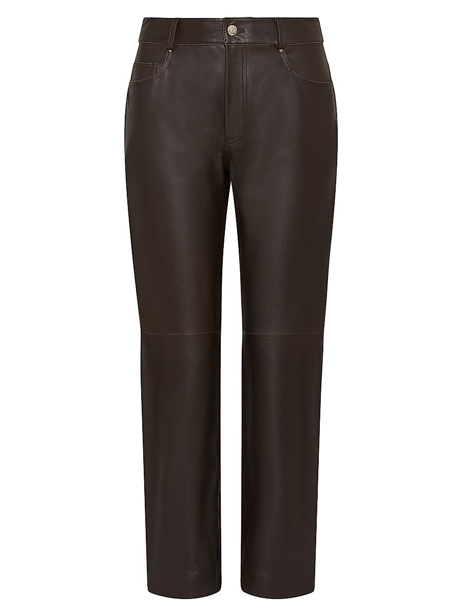 Women's 5 Pocket Leather Trousers - Brown - Size 14