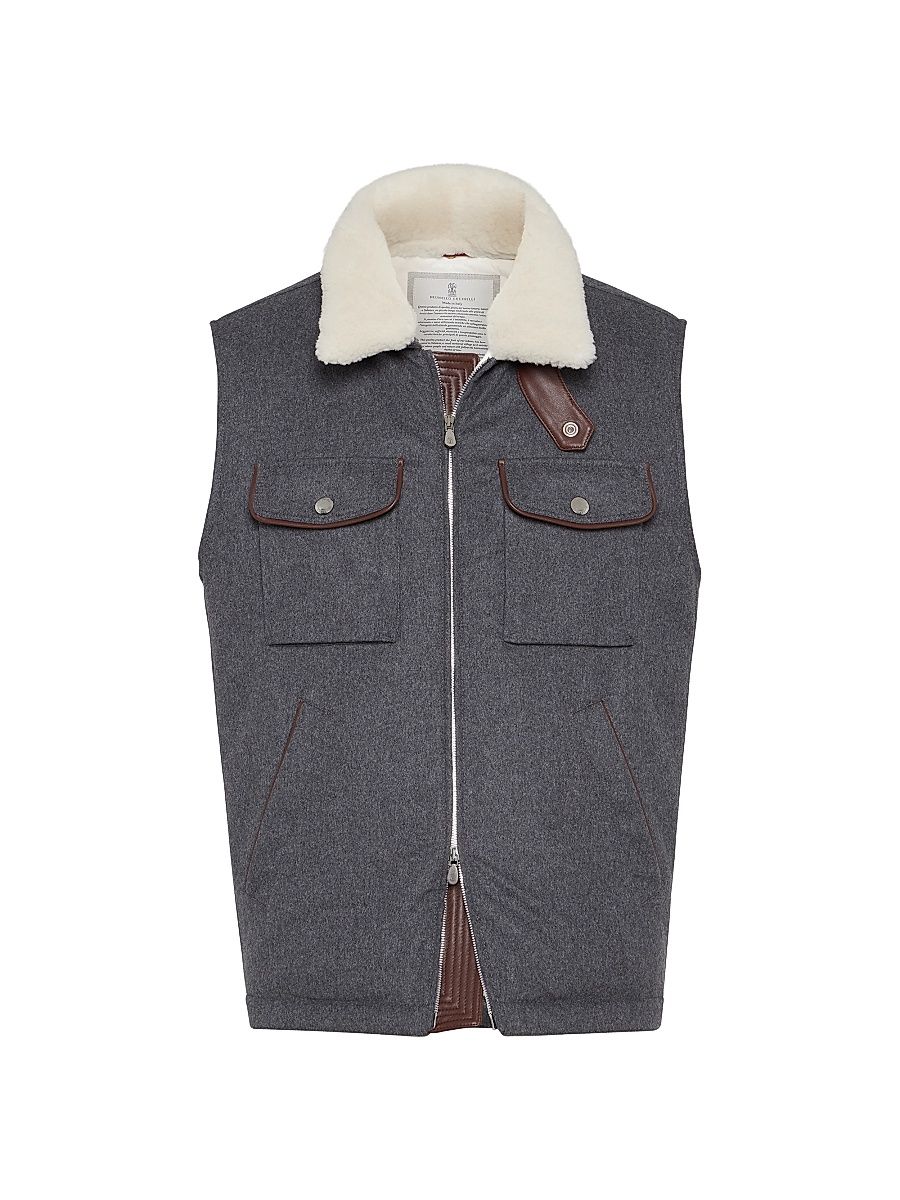 Men's Bonded Wool Flannel Down Vest with Detachable Shearling Insert - Anthracite - Size Small