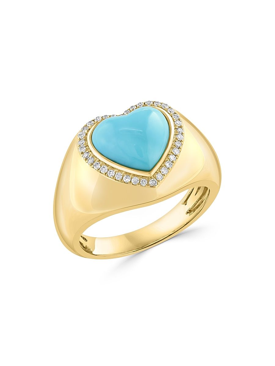 Women's 14K Yellow Gold, Turquoise & 0.13 TCW Diamond Ring - Yellow Gold - Size 7