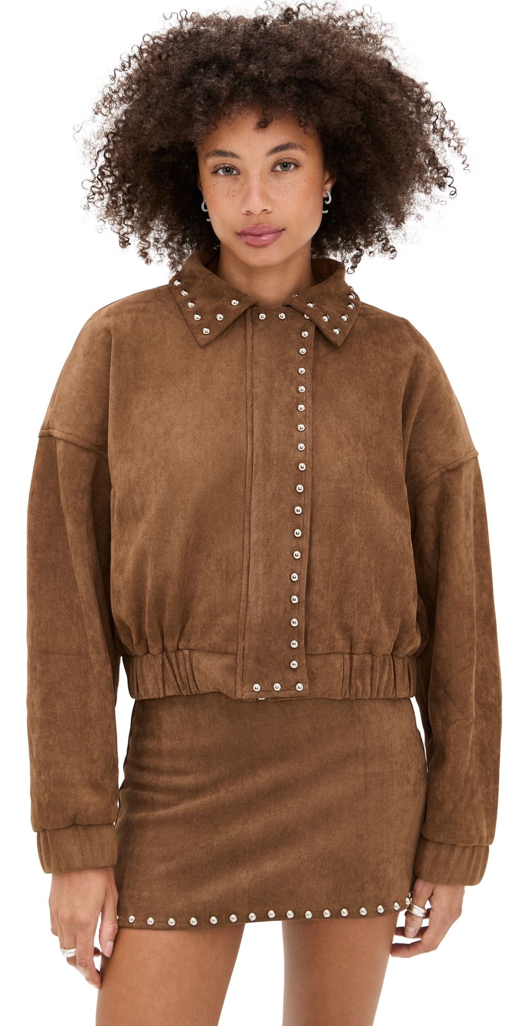 Moon River Stud Detail Zipper Front Faux Suede Jacket Camel M