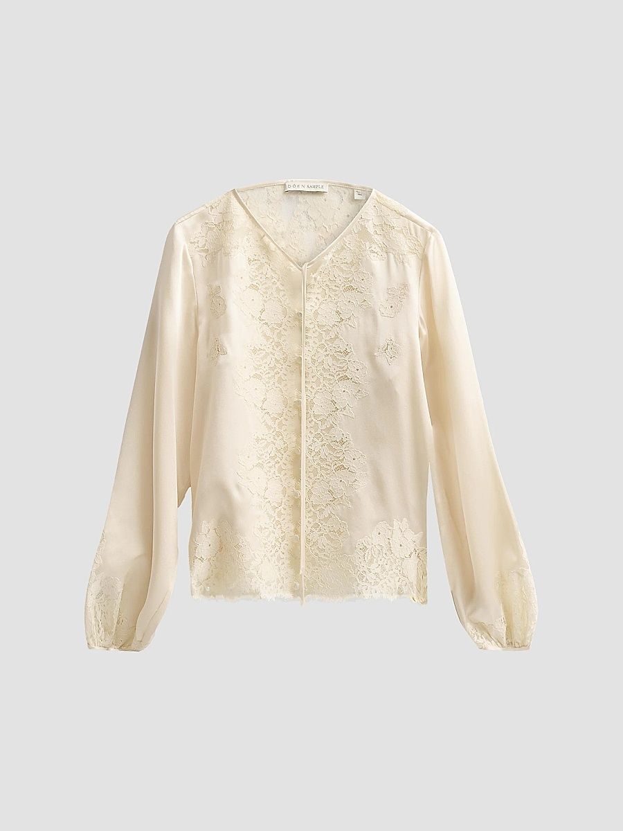 Women's Lucine Lace-Trim Silk Blouse - Candlelight - Size Medium