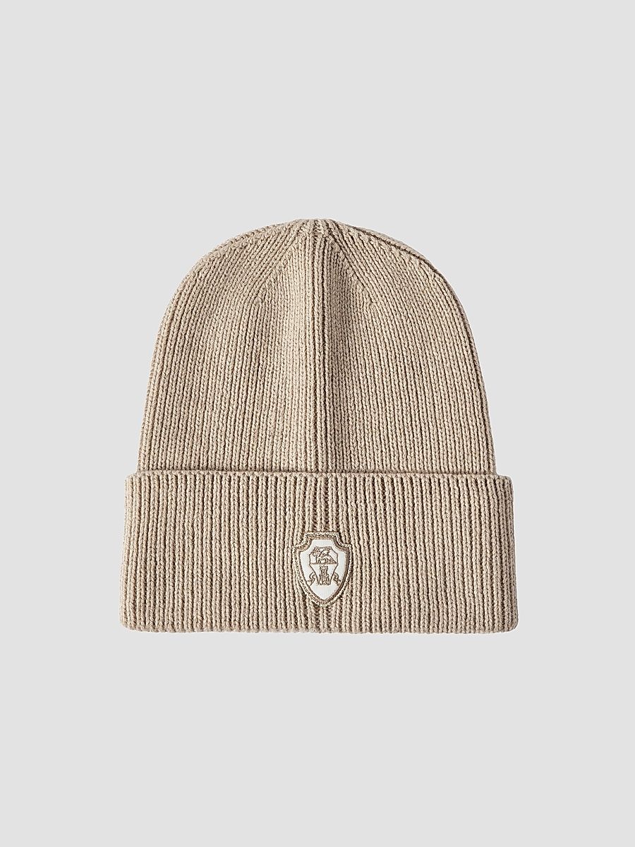Women's Cashmere English Rib Knit Beanie with Patch Logo - Sand - Size Medium