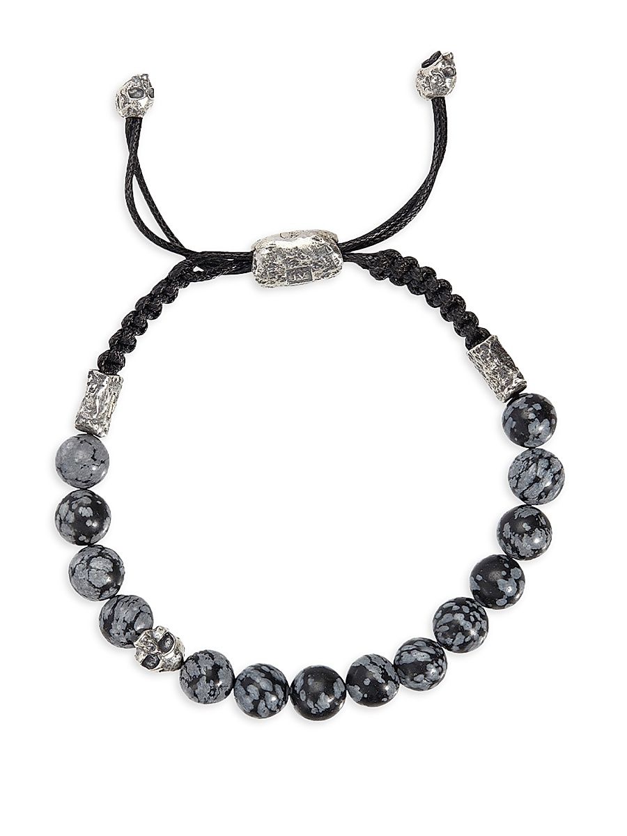 Men's Skull Sterling Silver & Obsidian Beaded Slider Bracelet - Silver