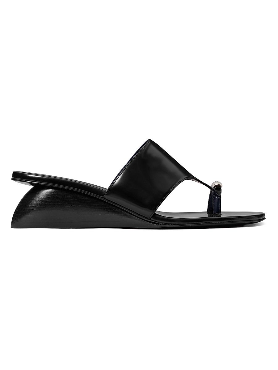 Women's Pierced 45MM Leather Wedge Sandals - Perfect Black - Size 9.5